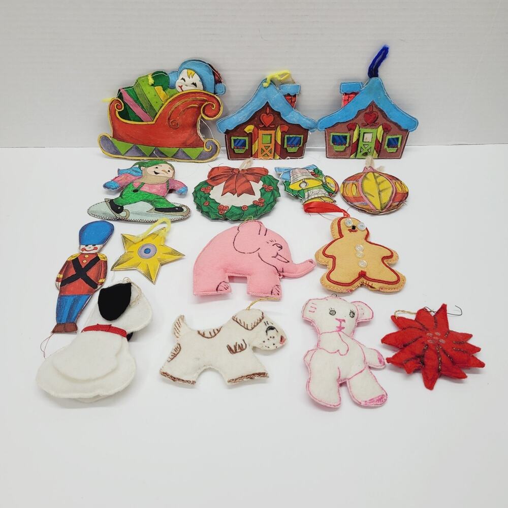 Handmade Sewn Painted Christmas Stitched Stuffed Fabric Ornaments Vtg Lot of 15